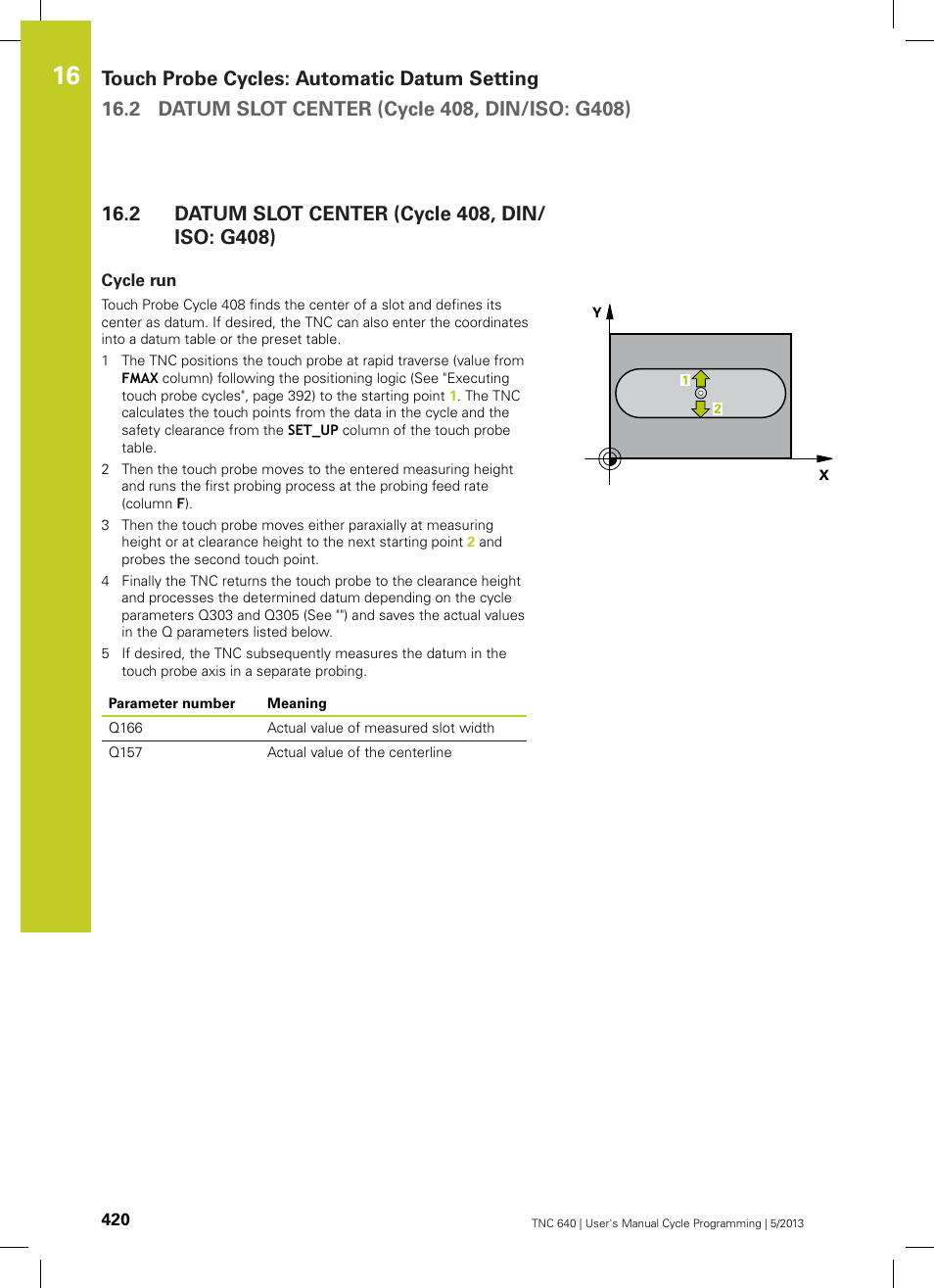 2 datum slot center (cycle 408, din/iso: g408), Cycle run, Datum slot center (cycle 408, din/iso: g408) | HEIDENHAIN TNC 640 (34059x-02) Cycle programming User Manual | Page 420 / 581