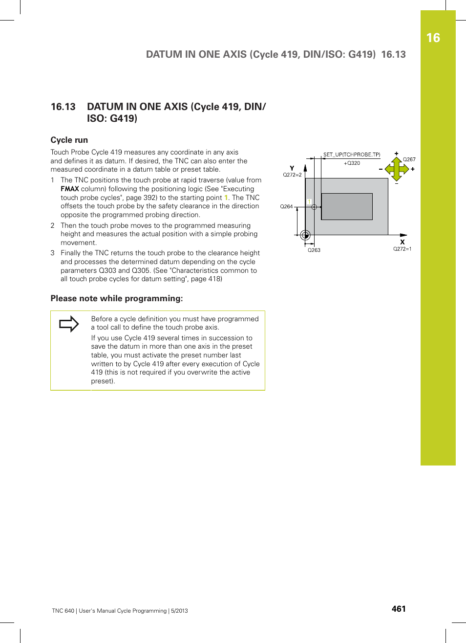 13 datum in one axis (cycle 419, din/iso: g419), Cycle run, Please note while programming | Datum in one axis (cycle 419, din/iso: g419) | HEIDENHAIN TNC 640 (34059x-02) Cycle programming User Manual | Page 461 / 581