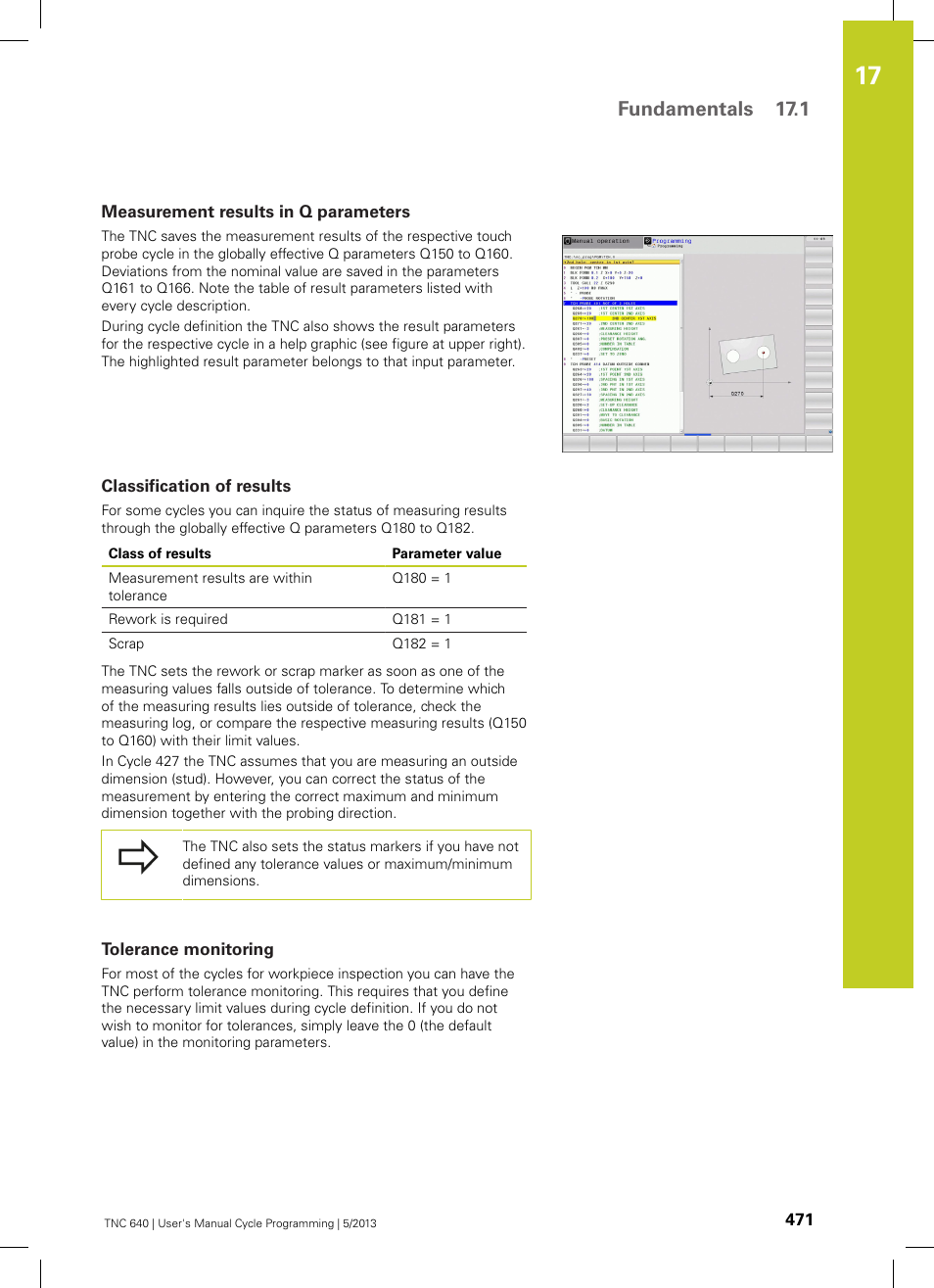 Measurement results in q parameters, Classification of results, Tolerance monitoring | Fundamentals 17.1 | HEIDENHAIN TNC 640 (34059x-02) Cycle programming User Manual | Page 471 / 581