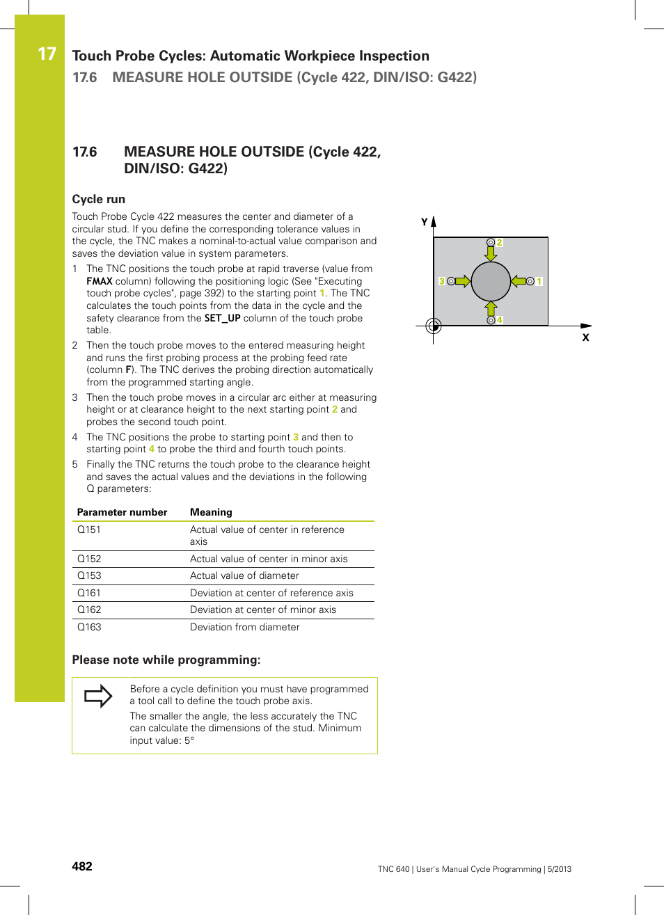 6 measure hole outside (cycle 422, din/iso: g422), Cycle run, Please note while programming | Measure hole outside (cycle 422, din/iso: g422) | HEIDENHAIN TNC 640 (34059x-02) Cycle programming User Manual | Page 482 / 581