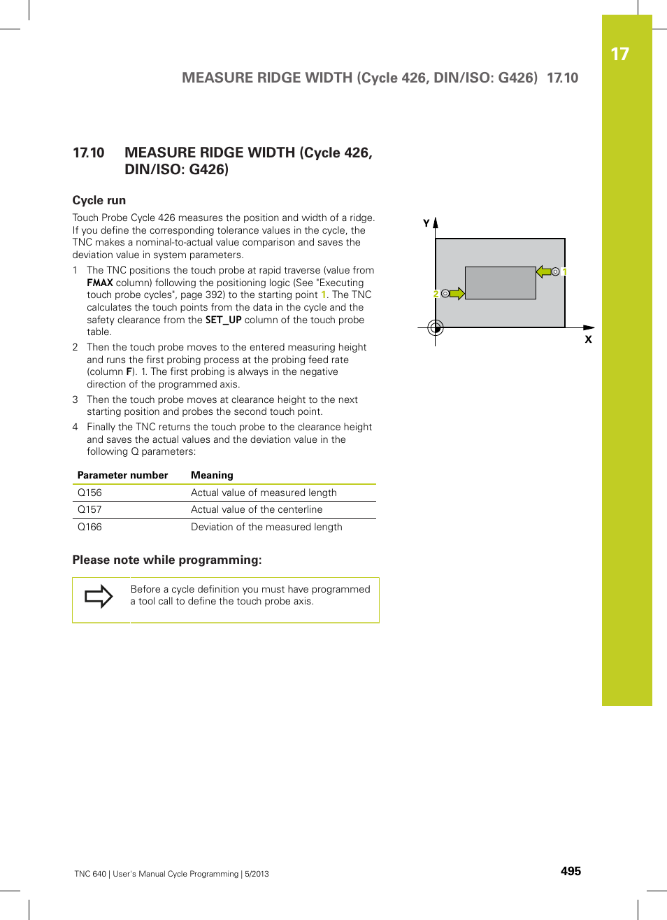 10 measure ridge width (cycle 426, din/iso: g426), Cycle run, Please note while programming | Measure ridge width (cycle 426, din/iso: g426) | HEIDENHAIN TNC 640 (34059x-02) Cycle programming User Manual | Page 495 / 581