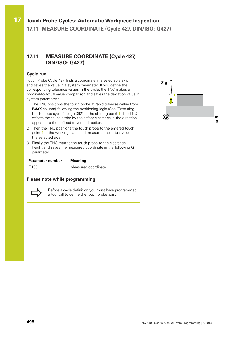 11 measure coordinate (cycle 427, din/iso: g427), Cycle run, Please note while programming | Measure coordinate (cycle 427, din/iso: g427) | HEIDENHAIN TNC 640 (34059x-02) Cycle programming User Manual | Page 498 / 581