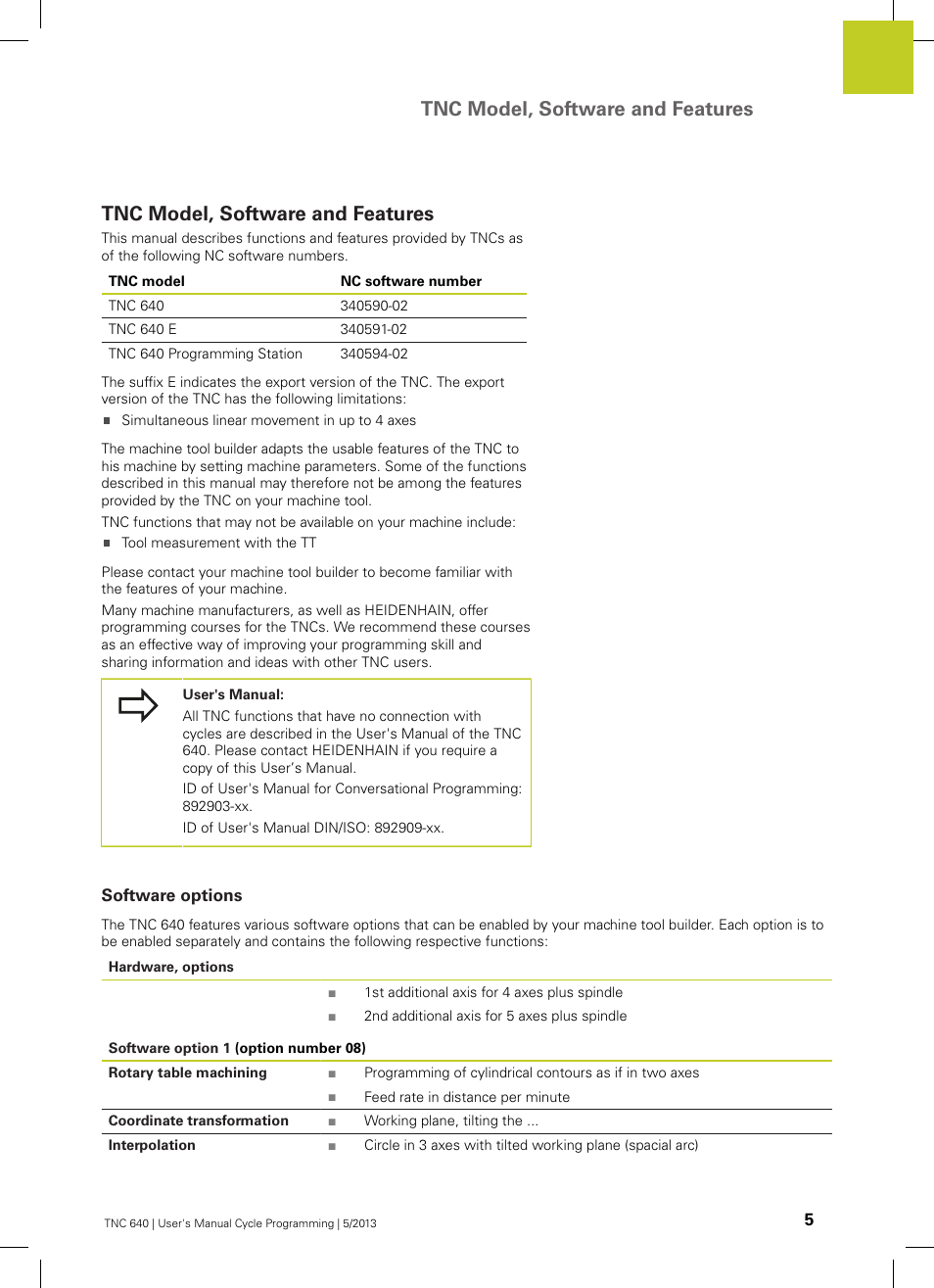 Tnc model, software and features, Software options | HEIDENHAIN TNC 640 (34059x-02) Cycle programming User Manual | Page 5 / 581