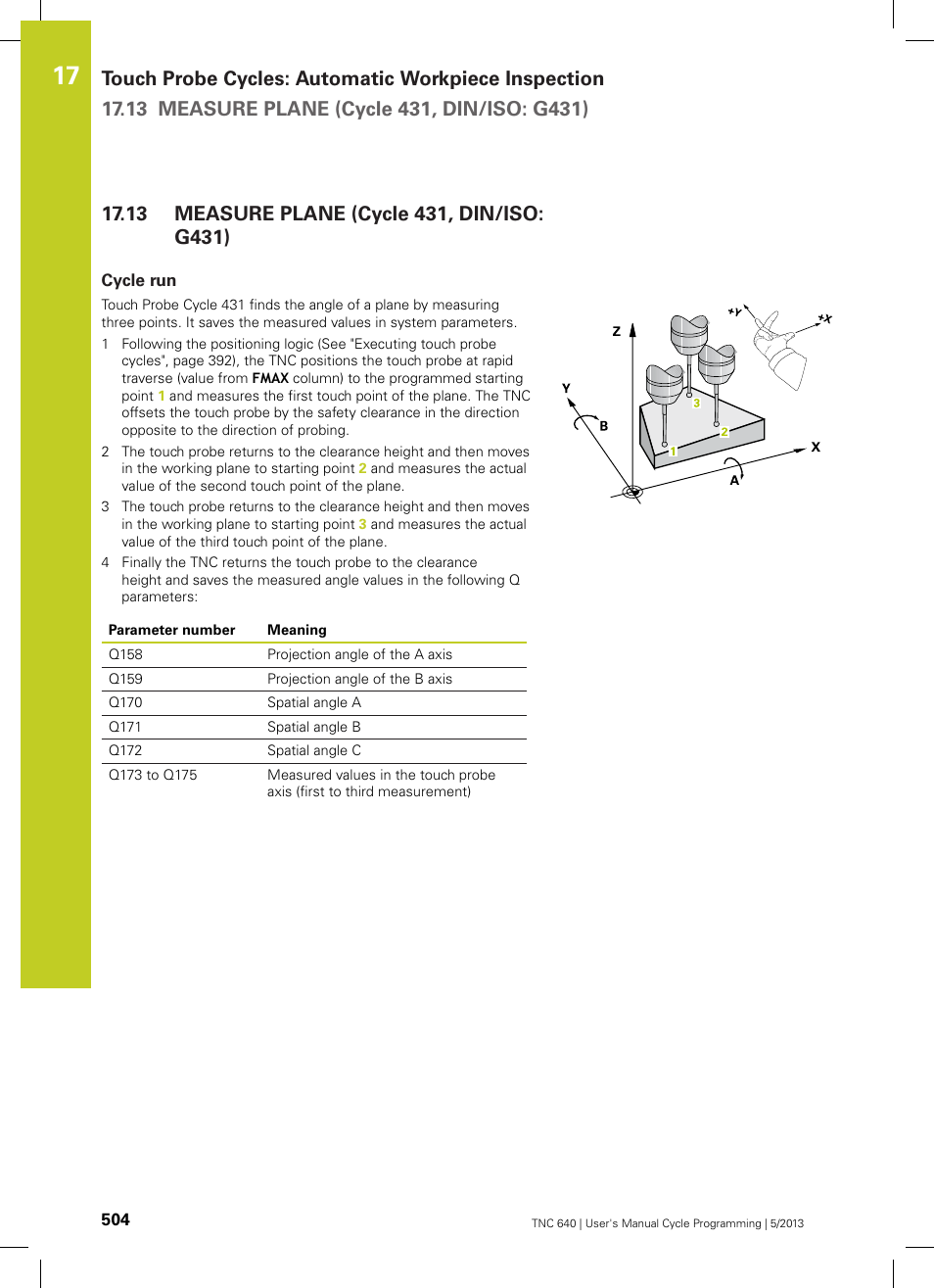 13 measure plane (cycle 431, din/iso: g431), Cycle run, Measure plane (cycle 431, din/iso: g431) | HEIDENHAIN TNC 640 (34059x-02) Cycle programming User Manual | Page 504 / 581