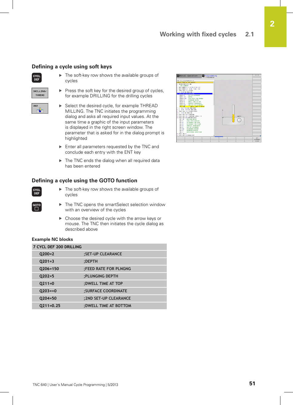 Defining a cycle using soft keys, Defining a cycle using the goto function, Example nc blocks | Working with fixed cycles 2.1 | HEIDENHAIN TNC 640 (34059x-02) Cycle programming User Manual | Page 51 / 581