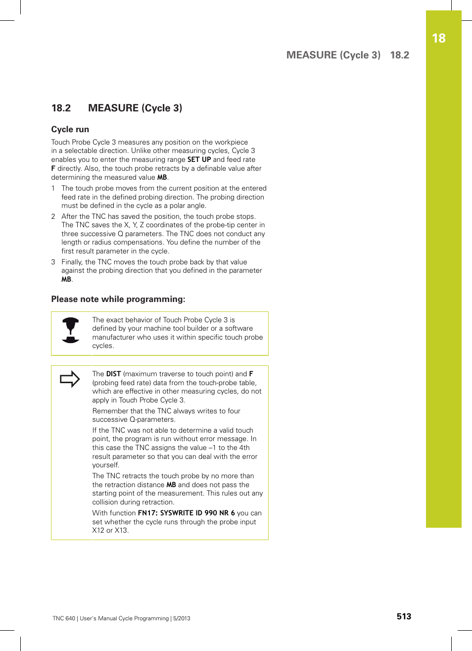 2 measure (cycle 3), Cycle run, Please note while programming | Measure (cycle 3), Measure (cycle 3) 18.2 | HEIDENHAIN TNC 640 (34059x-02) Cycle programming User Manual | Page 513 / 581
