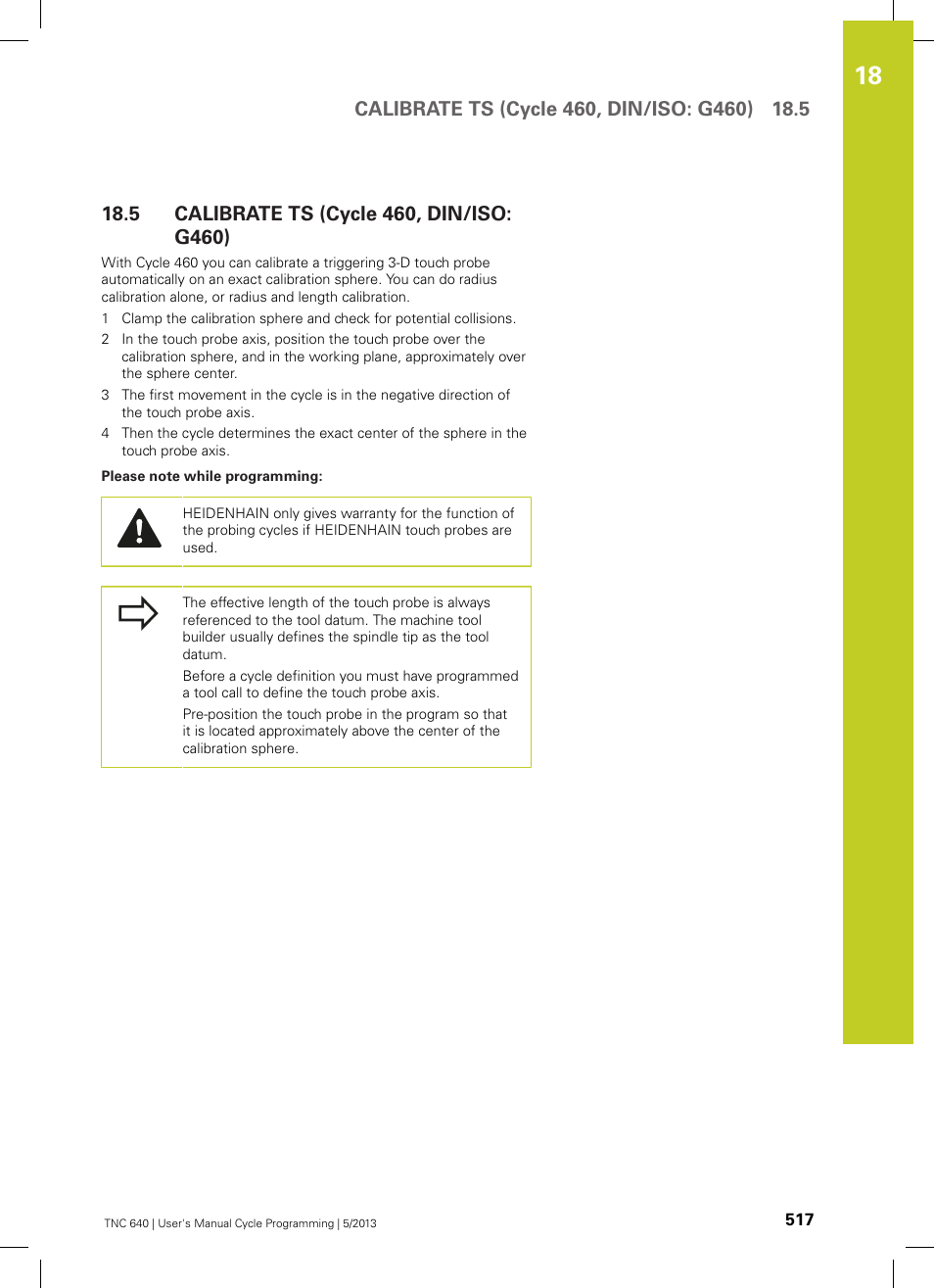 5 calibrate ts (cycle 460, din/iso: g460), Calibrate ts (cycle 460, din/iso: g460) | HEIDENHAIN TNC 640 (34059x-02) Cycle programming User Manual | Page 517 / 581