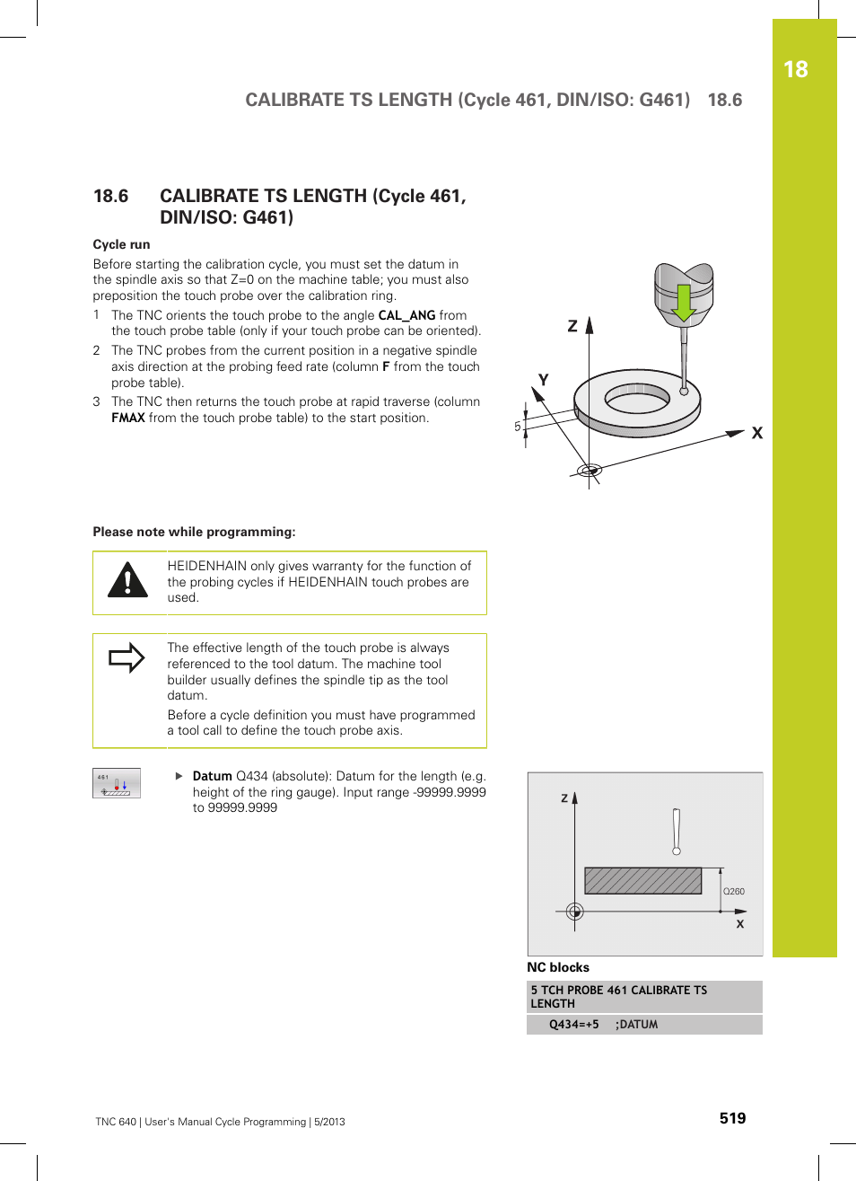 6 calibrate ts length (cycle 461, din/iso: g461), Calibrate ts length (cycle 461, din/iso: g461) | HEIDENHAIN TNC 640 (34059x-02) Cycle programming User Manual | Page 519 / 581