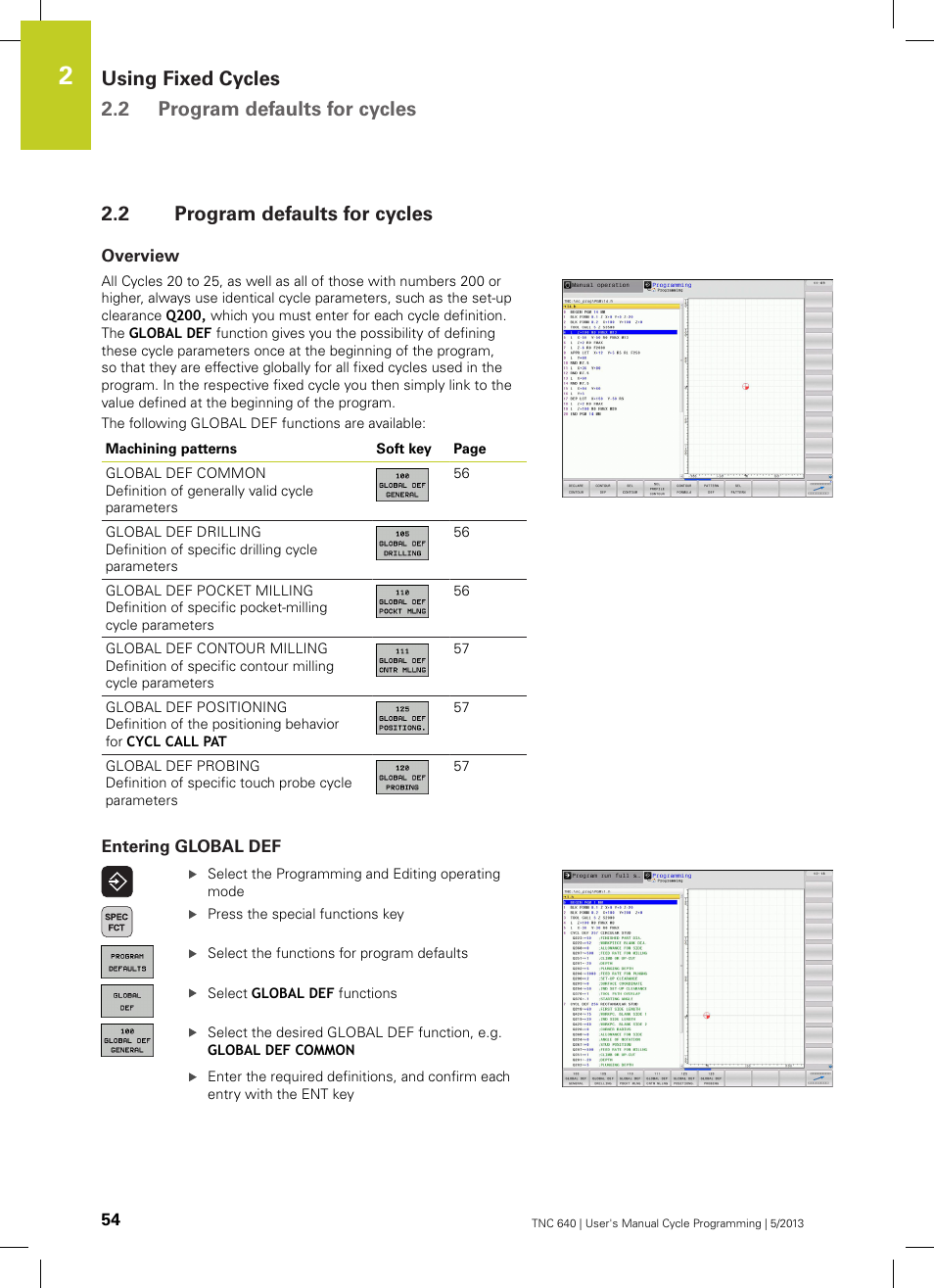 2 program defaults for cycles, Overview, Entering global def | Program defaults for cycles, Using fixed cycles 2.2 program defaults for cycles | HEIDENHAIN TNC 640 (34059x-02) Cycle programming User Manual | Page 54 / 581