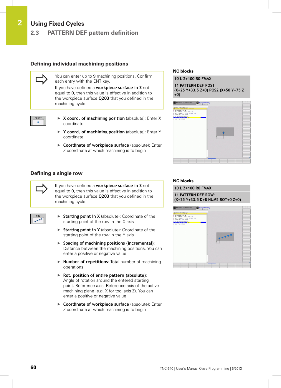 Defining individual machining positions, Defining a single row | HEIDENHAIN TNC 640 (34059x-02) Cycle programming User Manual | Page 60 / 581
