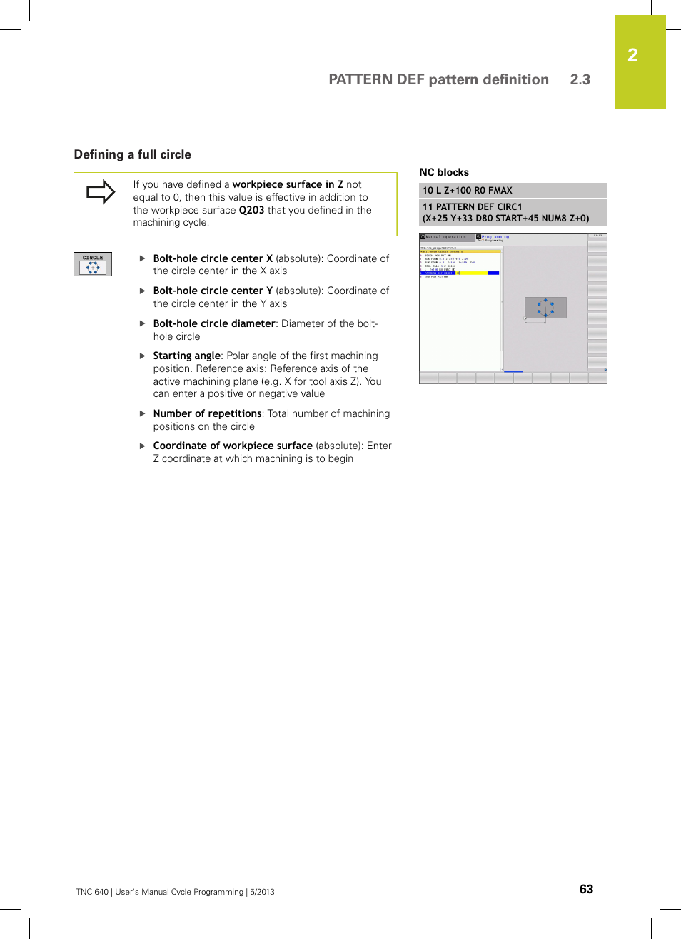 Defining a full circle, Pattern def pattern definition 2.3 | HEIDENHAIN TNC 640 (34059x-02) Cycle programming User Manual | Page 63 / 581