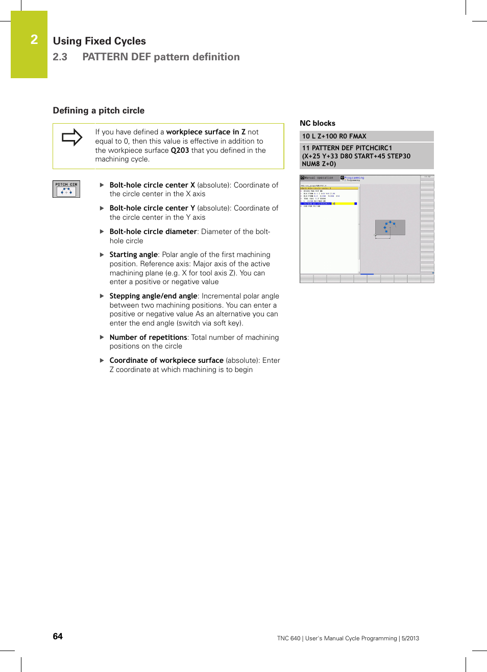 Defining a pitch circle | HEIDENHAIN TNC 640 (34059x-02) Cycle programming User Manual | Page 64 / 581