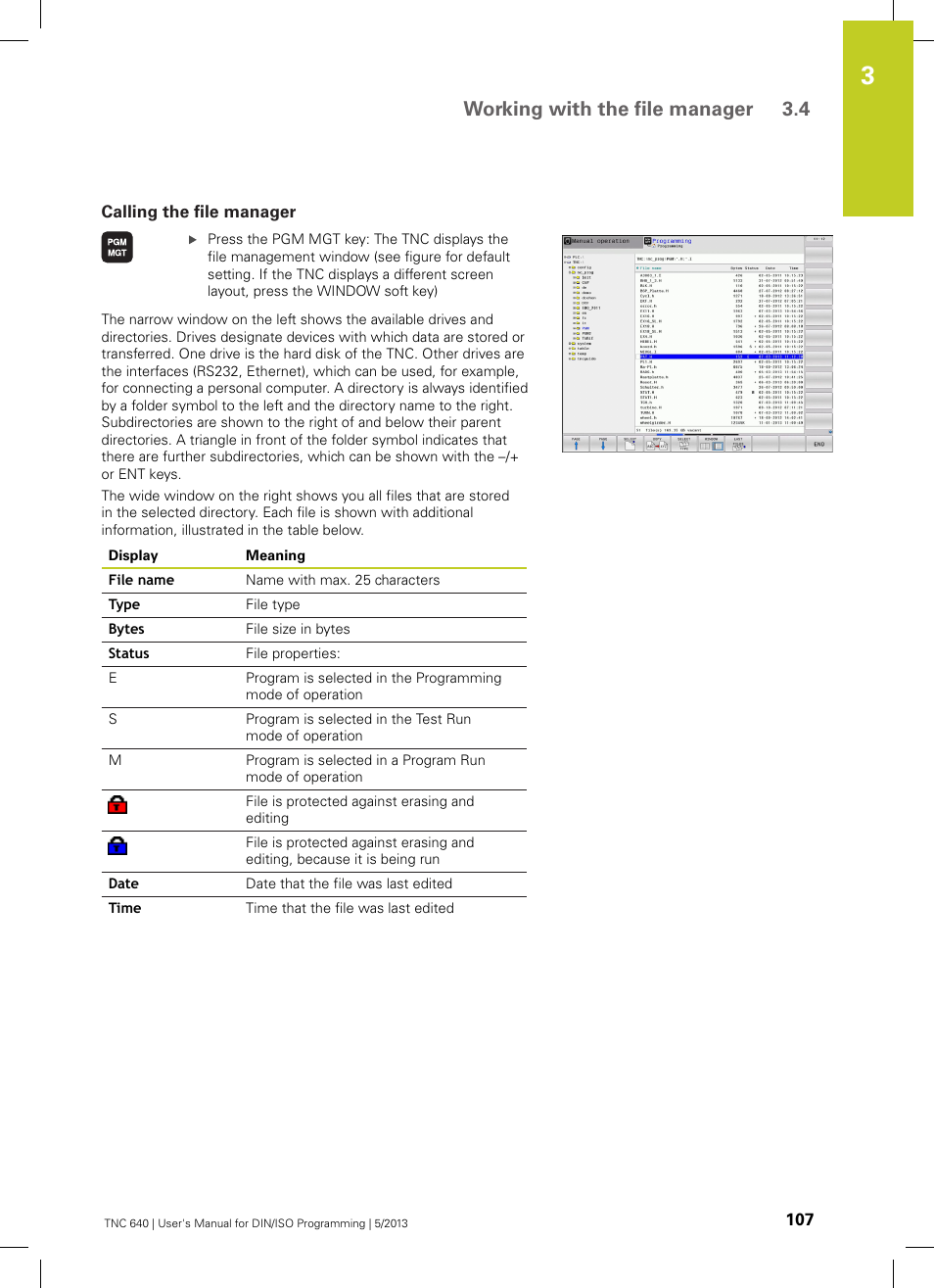 Calling the file manager, Working with the file manager 3.4 | HEIDENHAIN TNC 640 (34059x-02) ISO programming User Manual | Page 107 / 620