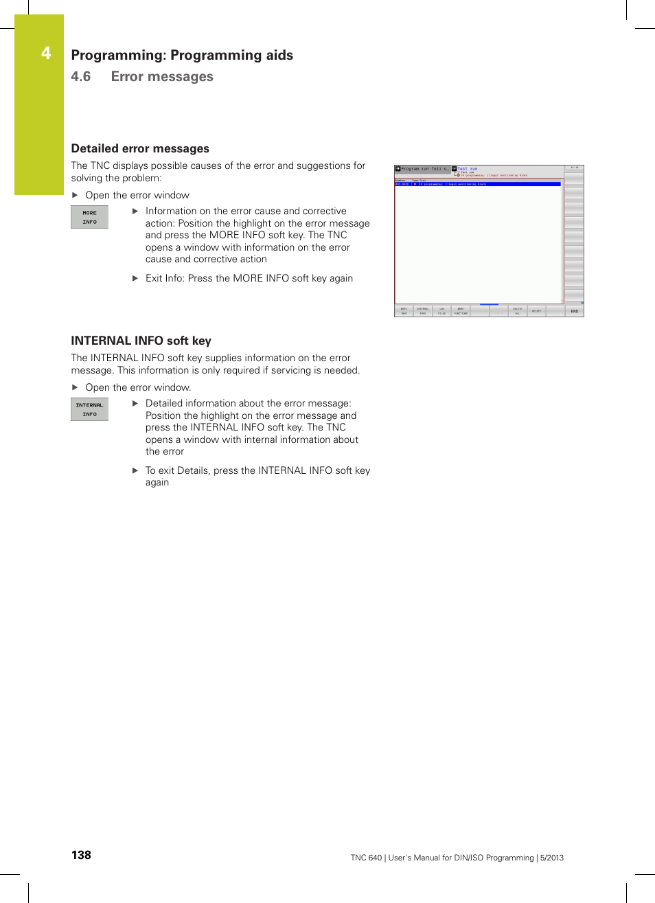 Detailed error messages, Internal info soft key, Programming: programming aids 4.6 error messages | HEIDENHAIN TNC 640 (34059x-02) ISO programming User Manual | Page 138 / 620