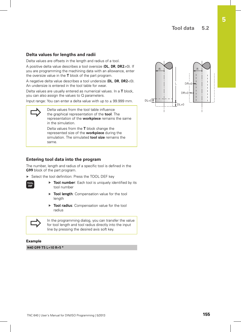 Delta values for lengths and radii, Entering tool data into the program, Tool data 5.2 | HEIDENHAIN TNC 640 (34059x-02) ISO programming User Manual | Page 155 / 620