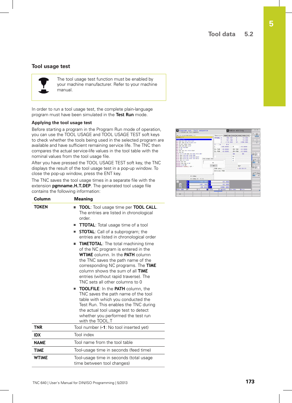 Tool usage test, Tool data 5.2 | HEIDENHAIN TNC 640 (34059x-02) ISO programming User Manual | Page 173 / 620