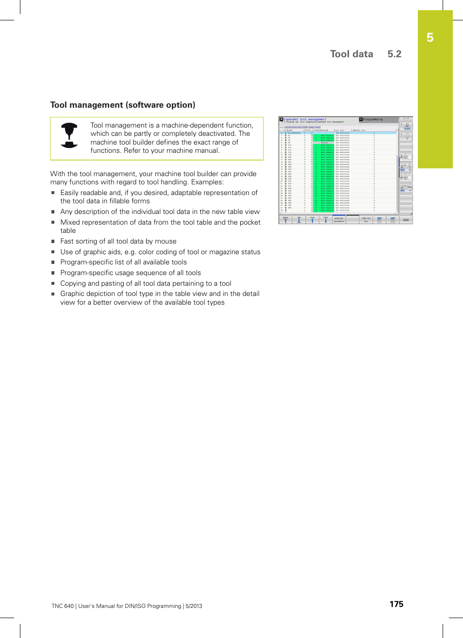 Tool management (software option), Tool data 5.2 | HEIDENHAIN TNC 640 (34059x-02) ISO programming User Manual | Page 175 / 620