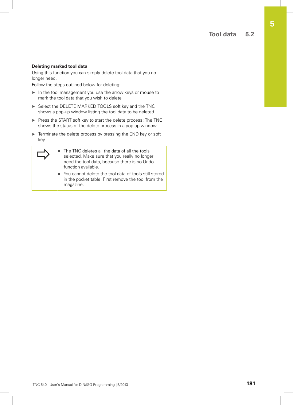 Tool data 5.2 | HEIDENHAIN TNC 640 (34059x-02) ISO programming User Manual | Page 181 / 620