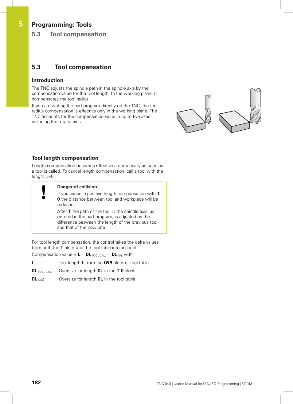 3 tool compensation, Introduction, Tool length compensation | Tool compensation, Programming: tools 5.3 tool compensation | HEIDENHAIN TNC 640 (34059x-02) ISO programming User Manual | Page 182 / 620