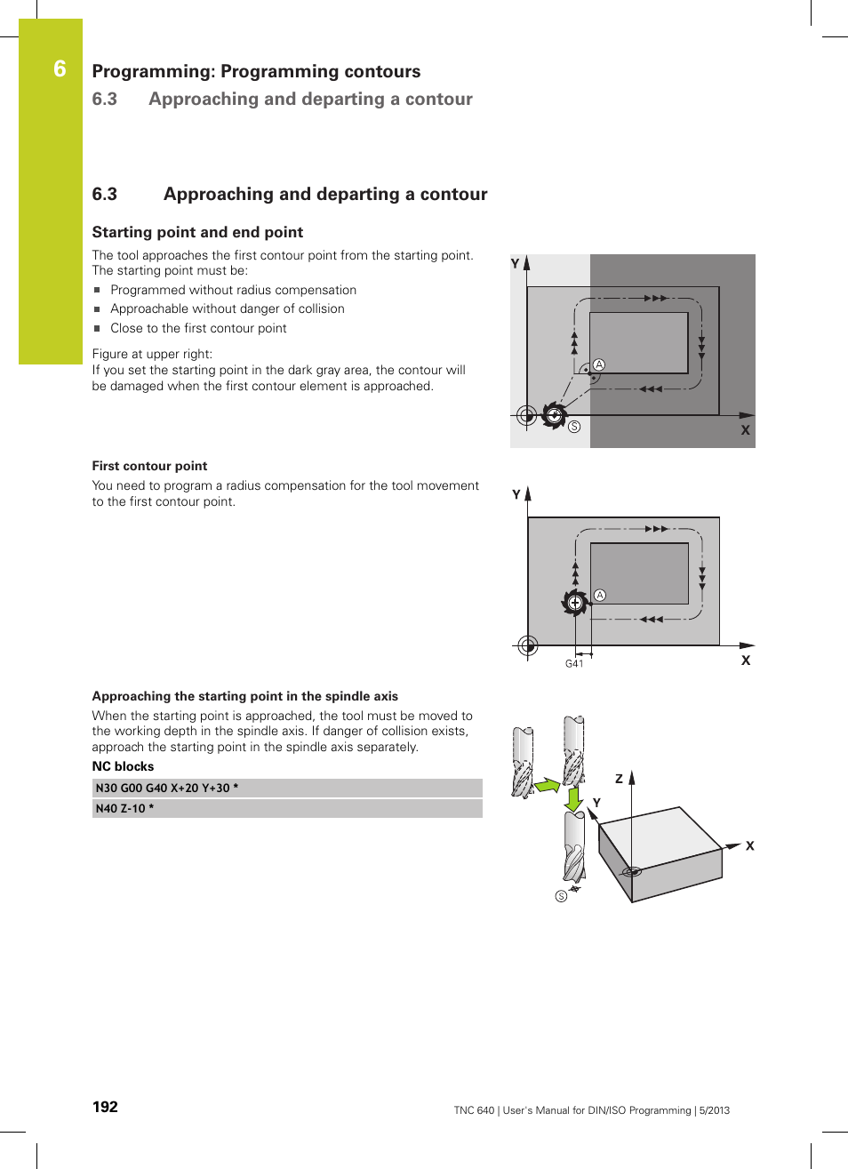 3 approaching and departing a contour, Starting point and end point, Approaching and departing a contour | Hing/departing contours: see " approaching and | HEIDENHAIN TNC 640 (34059x-02) ISO programming User Manual | Page 192 / 620
