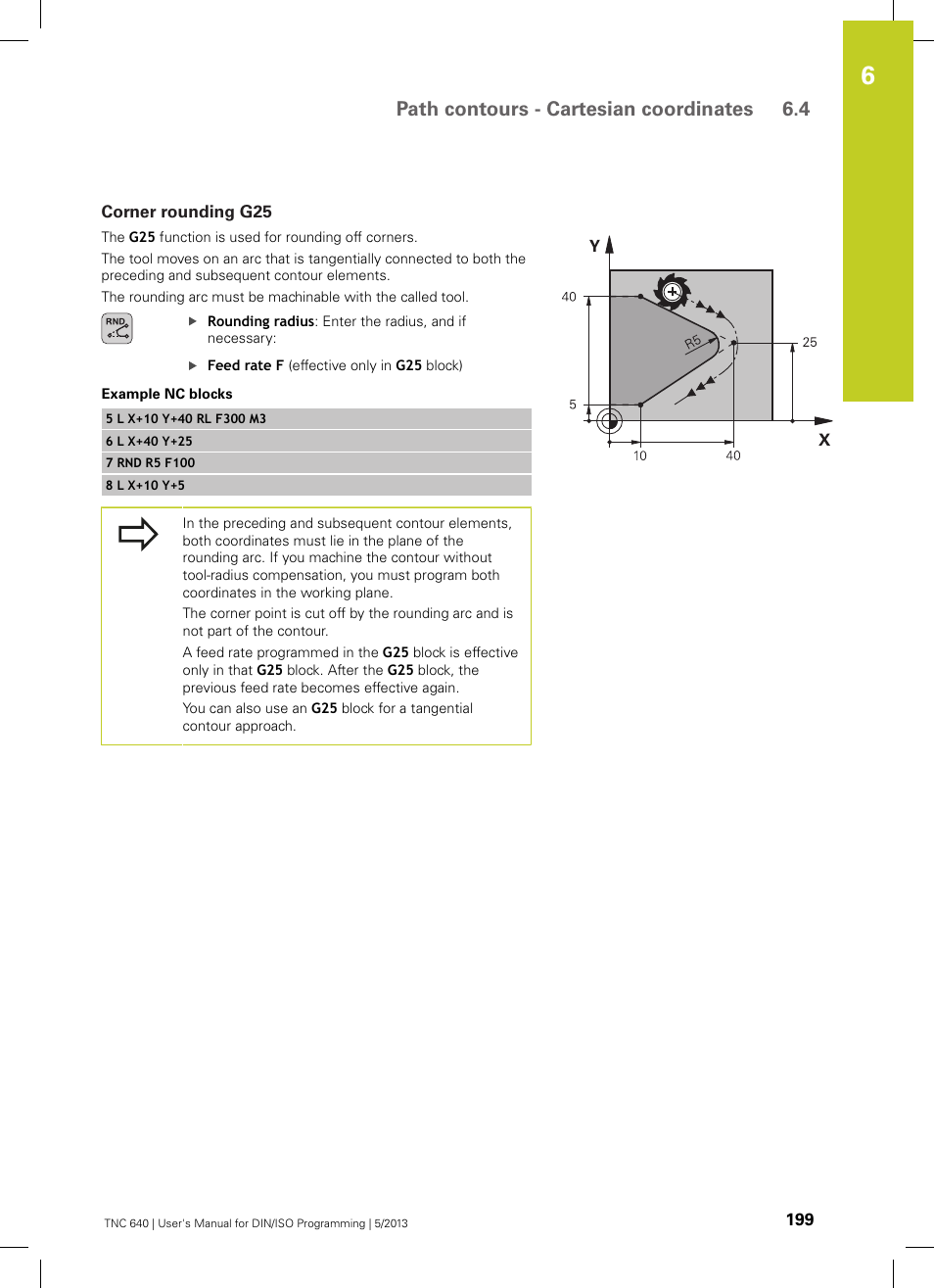 Corner rounding g25, Path contours - cartesian coordinates 6.4 | HEIDENHAIN TNC 640 (34059x-02) ISO programming User Manual | Page 199 / 620