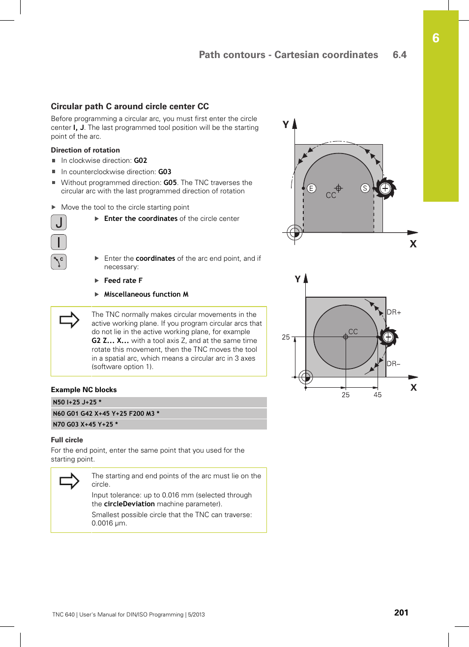 Circular path c around circle center cc, Path contours - cartesian coordinates 6.4 | HEIDENHAIN TNC 640 (34059x-02) ISO programming User Manual | Page 201 / 620