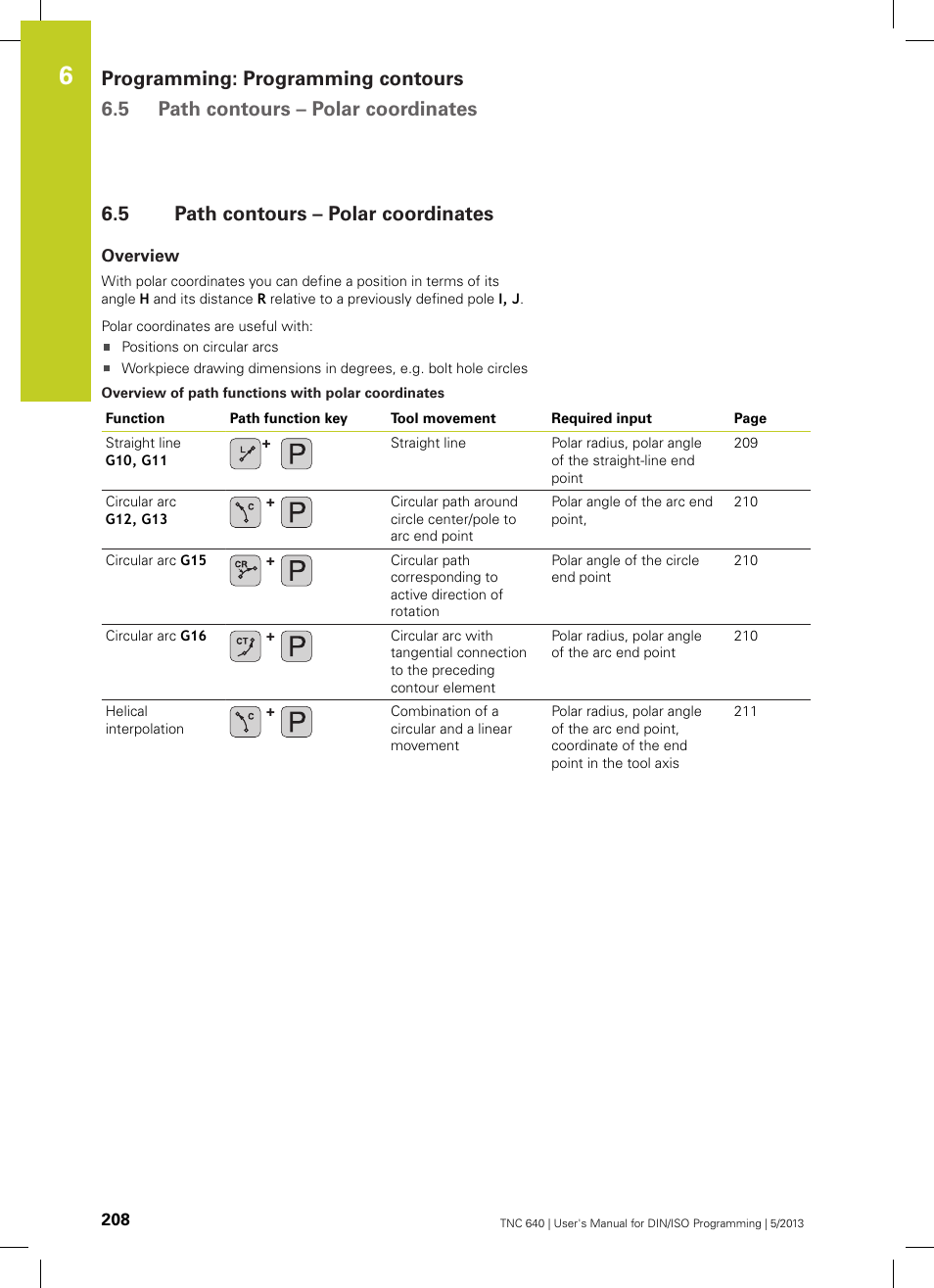 5 path contours – polar coordinates, Overview, Path contours – polar coordinates | HEIDENHAIN TNC 640 (34059x-02) ISO programming User Manual | Page 208 / 620