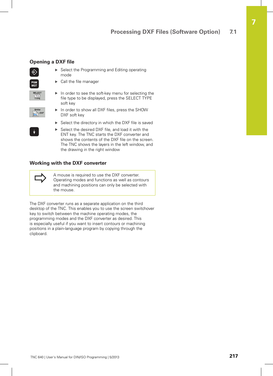 Opening a dxf file, Working with the dxf converter, Processing dxf files (software option) 7.1 | HEIDENHAIN TNC 640 (34059x-02) ISO programming User Manual | Page 217 / 620