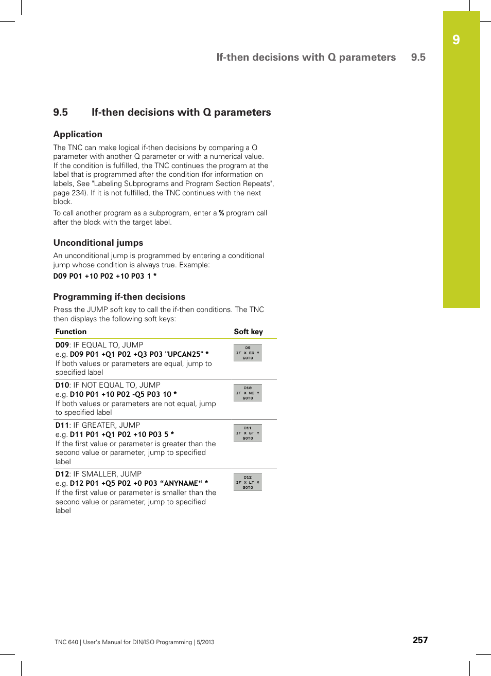 5 if-then decisions with q parameters, Application, Unconditional jumps | Programming if-then decisions, If-then decisions with q parameters, If-then decisions with q parameters 9.5 | HEIDENHAIN TNC 640 (34059x-02) ISO programming User Manual | Page 257 / 620