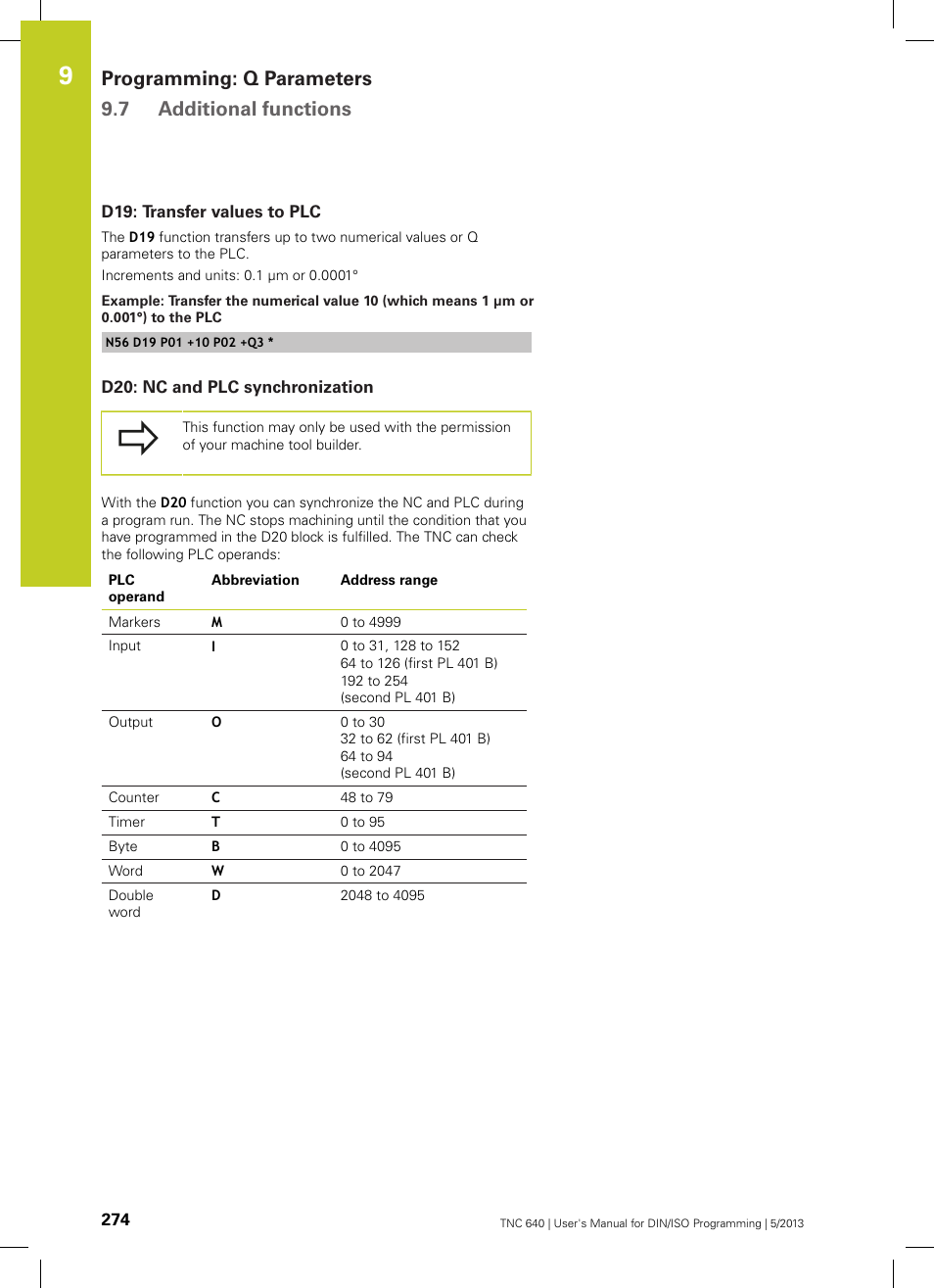 D19: transfer values to plc, D20: nc and plc synchronization, Programming: q parameters 9.7 additional functions | HEIDENHAIN TNC 640 (34059x-02) ISO programming User Manual | Page 274 / 620