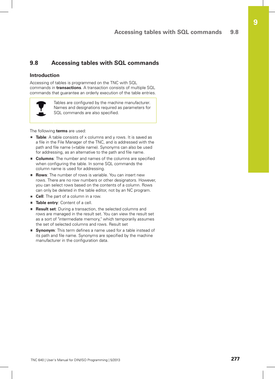 8 accessing tables with sql commands, Introduction, Accessing tables with sql commands | Accessing tables with sql commands 9.8 | HEIDENHAIN TNC 640 (34059x-02) ISO programming User Manual | Page 277 / 620