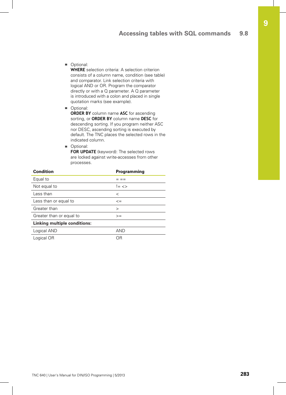 Accessing tables with sql commands 9.8 | HEIDENHAIN TNC 640 (34059x-02) ISO programming User Manual | Page 283 / 620
