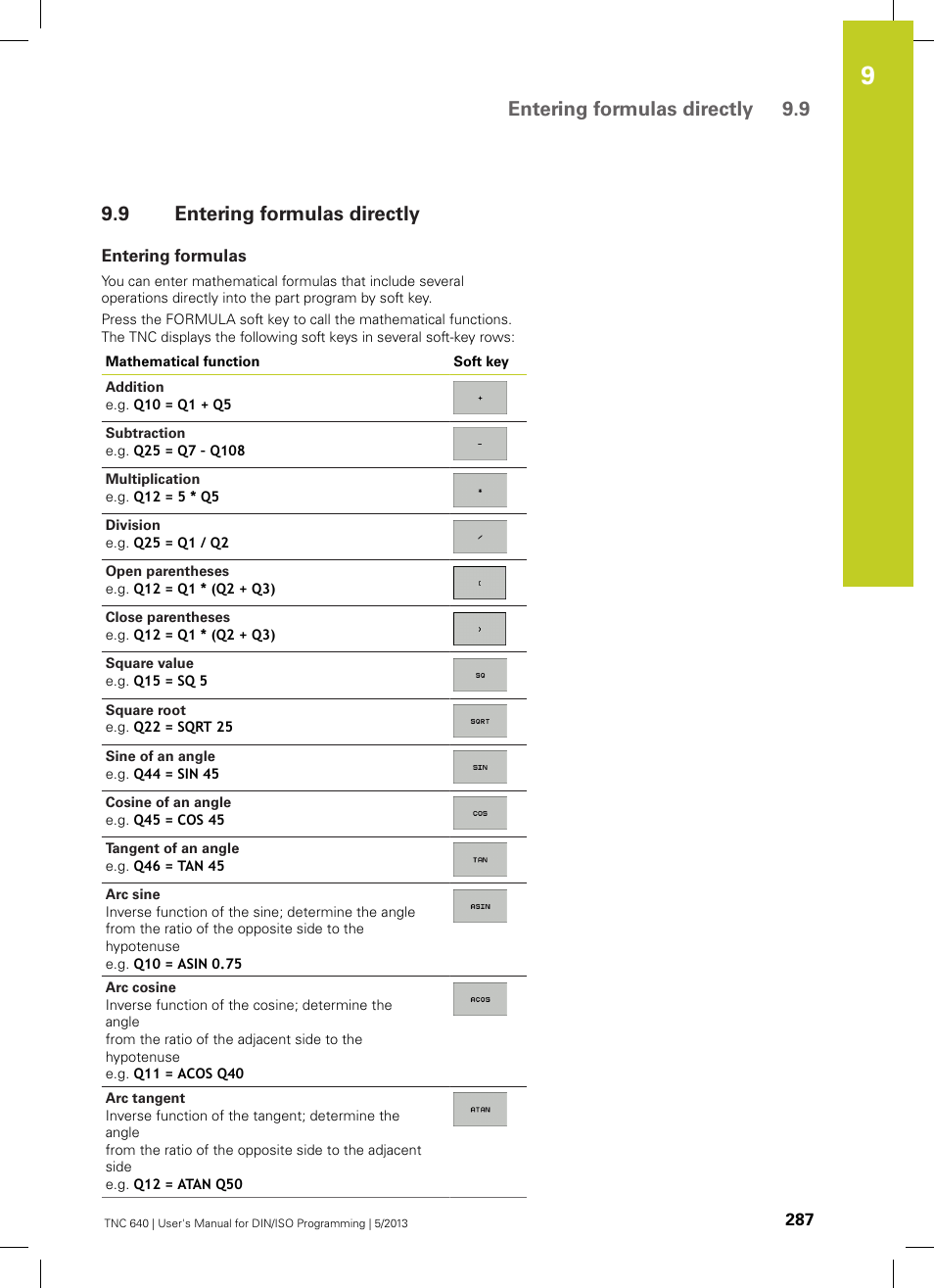 9 entering formulas directly, Entering formulas, Entering formulas directly | Entering formulas directly 9.9 | HEIDENHAIN TNC 640 (34059x-02) ISO programming User Manual | Page 287 / 620