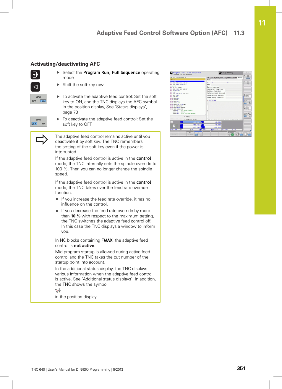 Activating/deactivating afc, Adaptive feed control software option (afc) 11.3 | HEIDENHAIN TNC 640 (34059x-02) ISO programming User Manual | Page 351 / 620