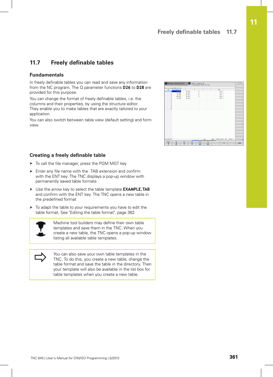 7 freely definable tables, Fundamentals, Creating a freely definable table | Freely definable, Freely definable tables, Freely definable tables 11.7 | HEIDENHAIN TNC 640 (34059x-02) ISO programming User Manual | Page 361 / 620
