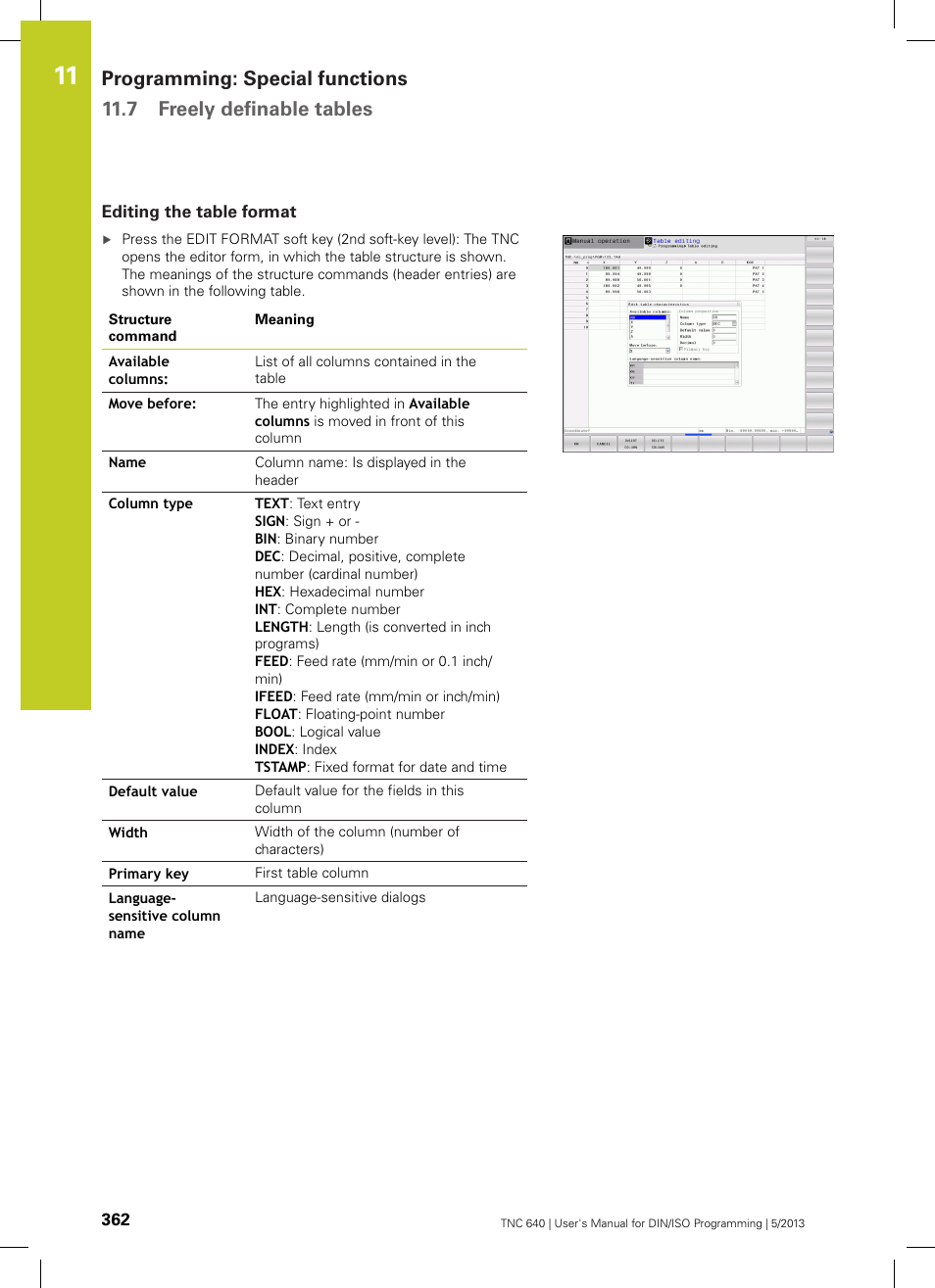Editing the table format | HEIDENHAIN TNC 640 (34059x-02) ISO programming User Manual | Page 362 / 620