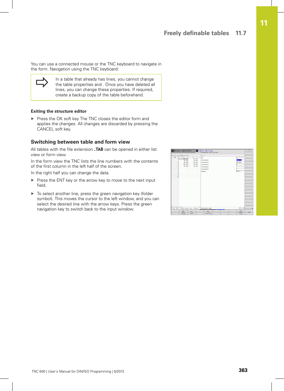 Switching between table and form view, Freely definable tables 11.7 | HEIDENHAIN TNC 640 (34059x-02) ISO programming User Manual | Page 363 / 620