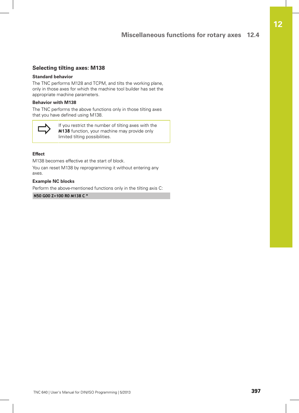 Selecting tilting axes: m138, Miscellaneous functions for rotary axes 12.4 | HEIDENHAIN TNC 640 (34059x-02) ISO programming User Manual | Page 397 / 620