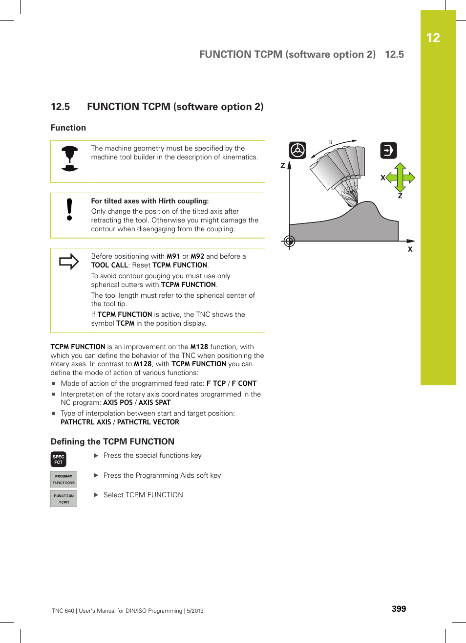 5 function tcpm (software option 2), Function, Defining the tcpm function | Function tcpm (software option 2), Function tcpm (software option 2) 12.5 | HEIDENHAIN TNC 640 (34059x-02) ISO programming User Manual | Page 399 / 620