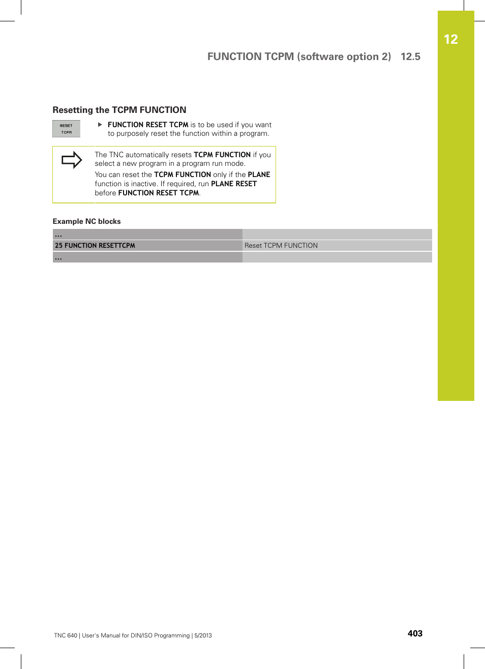 Resetting the tcpm function, Function tcpm (software option 2) 12.5 | HEIDENHAIN TNC 640 (34059x-02) ISO programming User Manual | Page 403 / 620