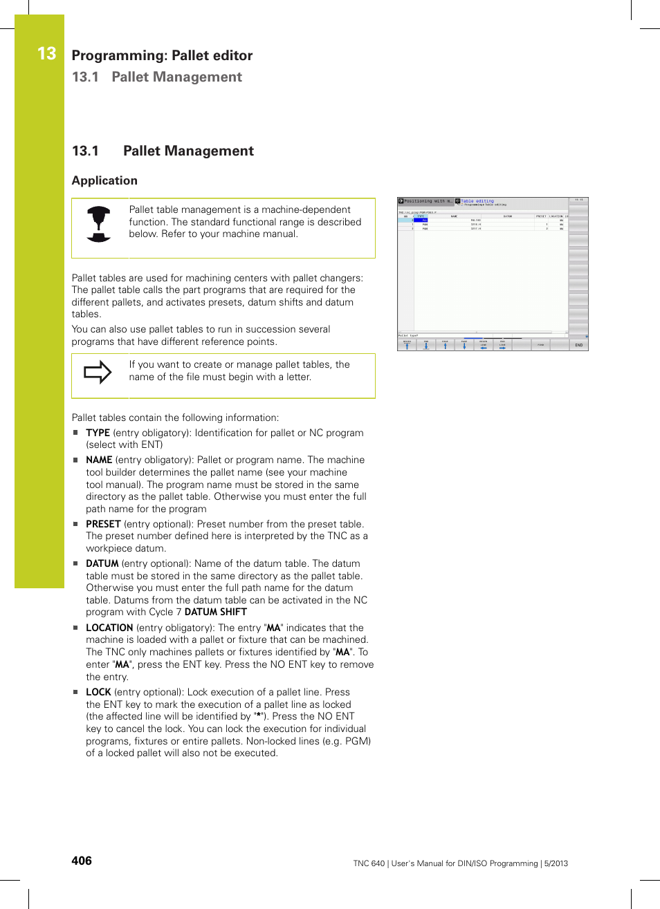 1 pallet management, Application, Pallet management | Programming: pallet editor 13.1 pallet management | HEIDENHAIN TNC 640 (34059x-02) ISO programming User Manual | Page 406 / 620