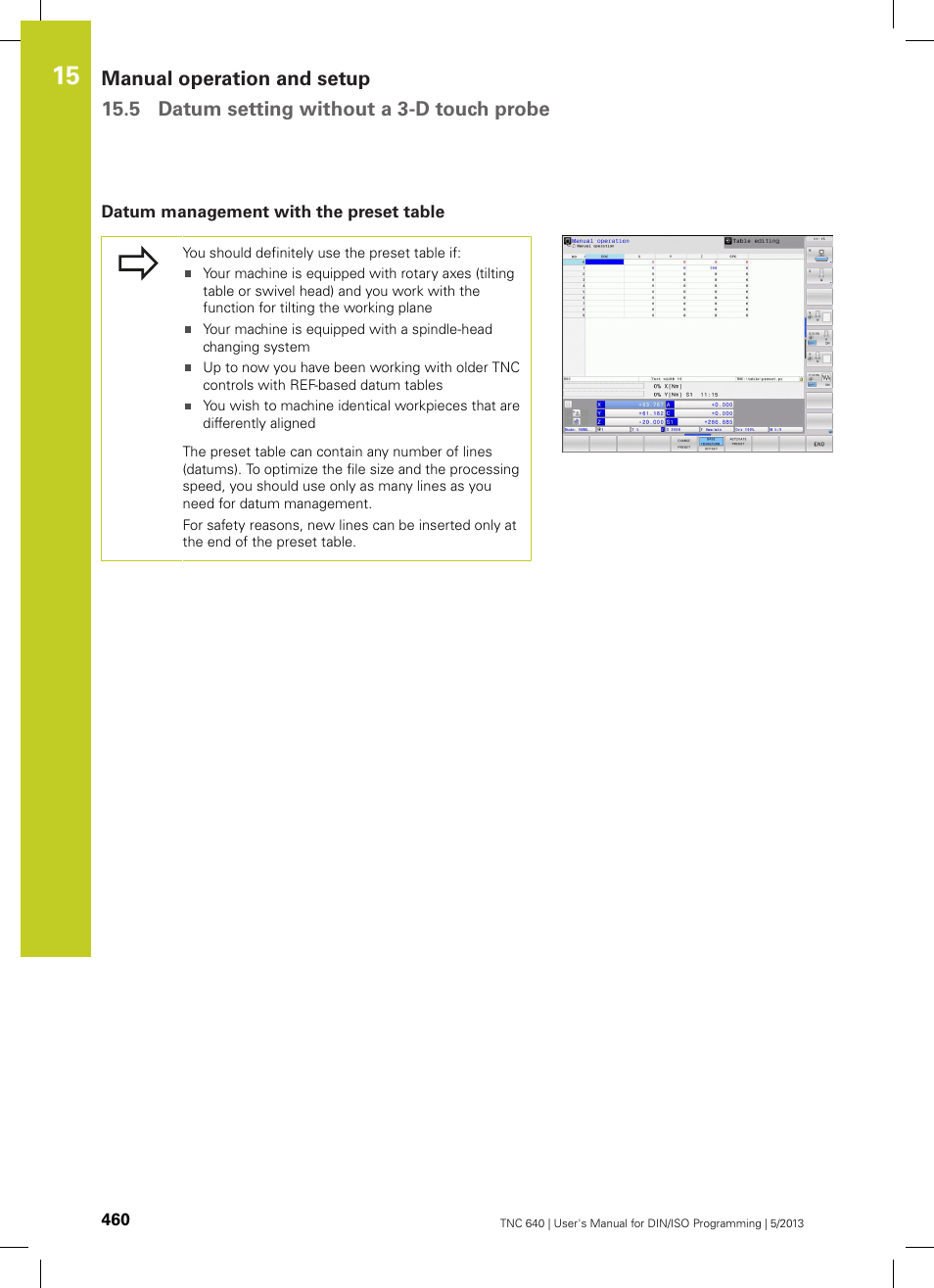 Datum management with the preset table | HEIDENHAIN TNC 640 (34059x-02) ISO programming User Manual | Page 460 / 620