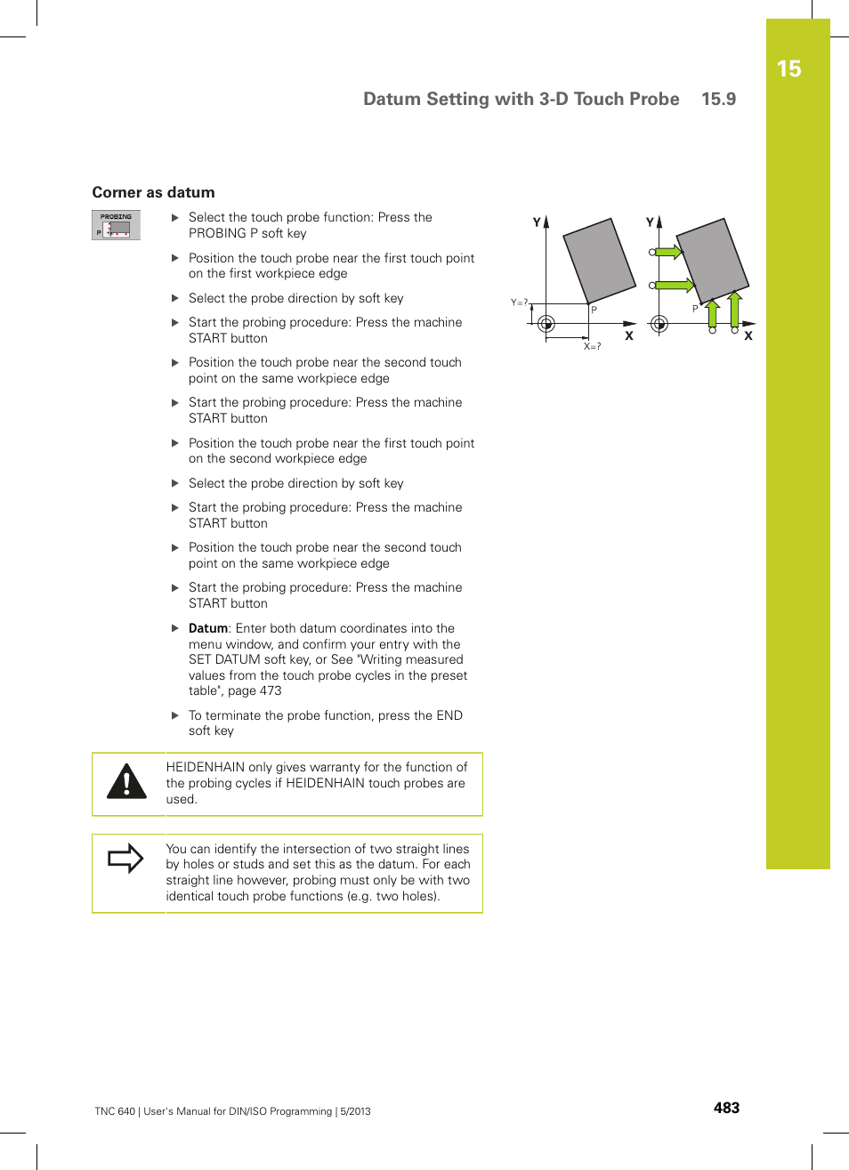 Corner as datum, Datum setting with 3-d touch probe 15.9 | HEIDENHAIN TNC 640 (34059x-02) ISO programming User Manual | Page 483 / 620
