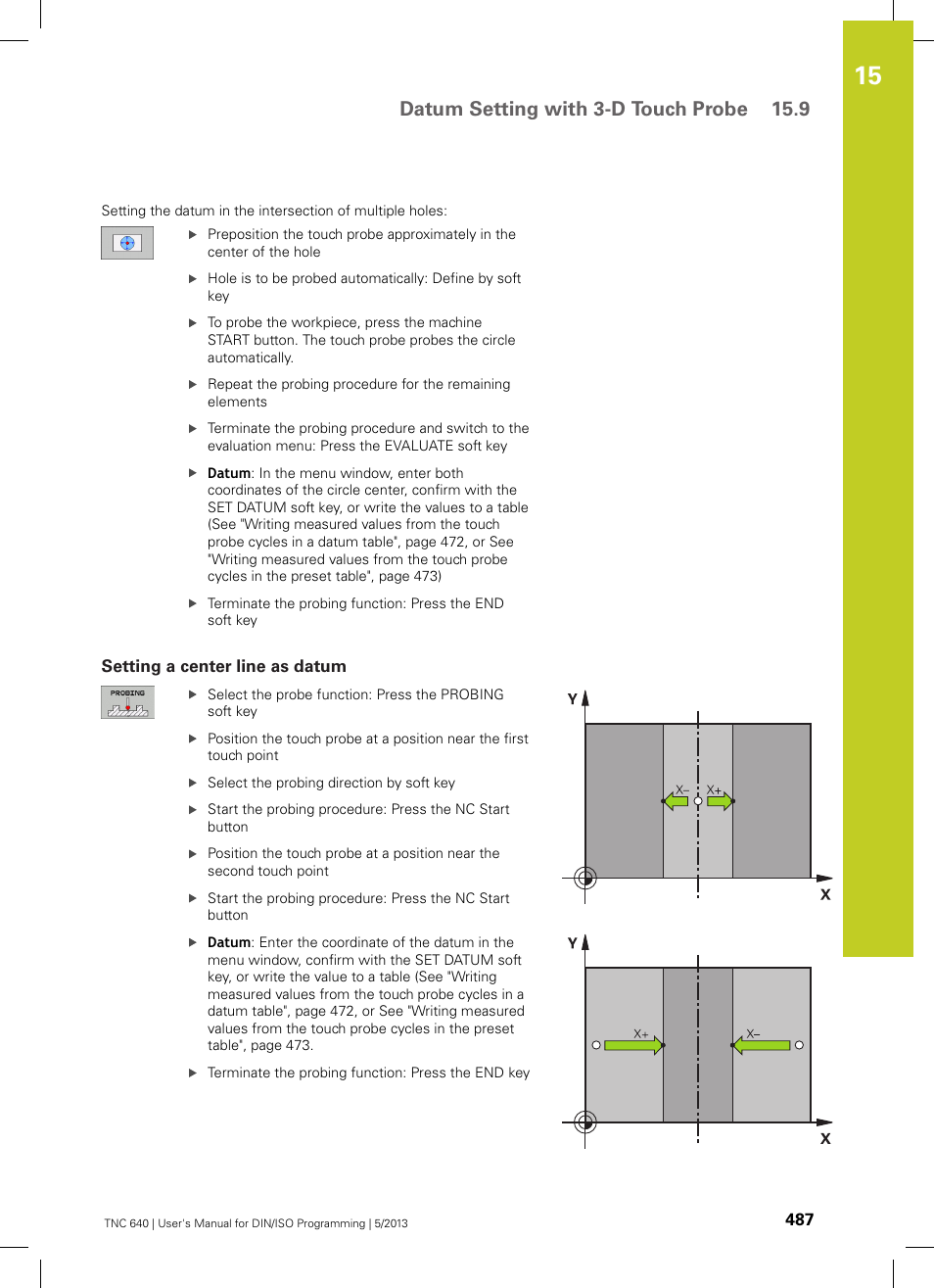 Setting a center line as datum, Um" (setting a center, Datum setting with 3-d touch probe 15.9 | HEIDENHAIN TNC 640 (34059x-02) ISO programming User Manual | Page 487 / 620