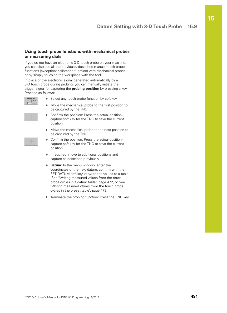Datum setting with 3-d touch probe 15.9 | HEIDENHAIN TNC 640 (34059x-02) ISO programming User Manual | Page 491 / 620