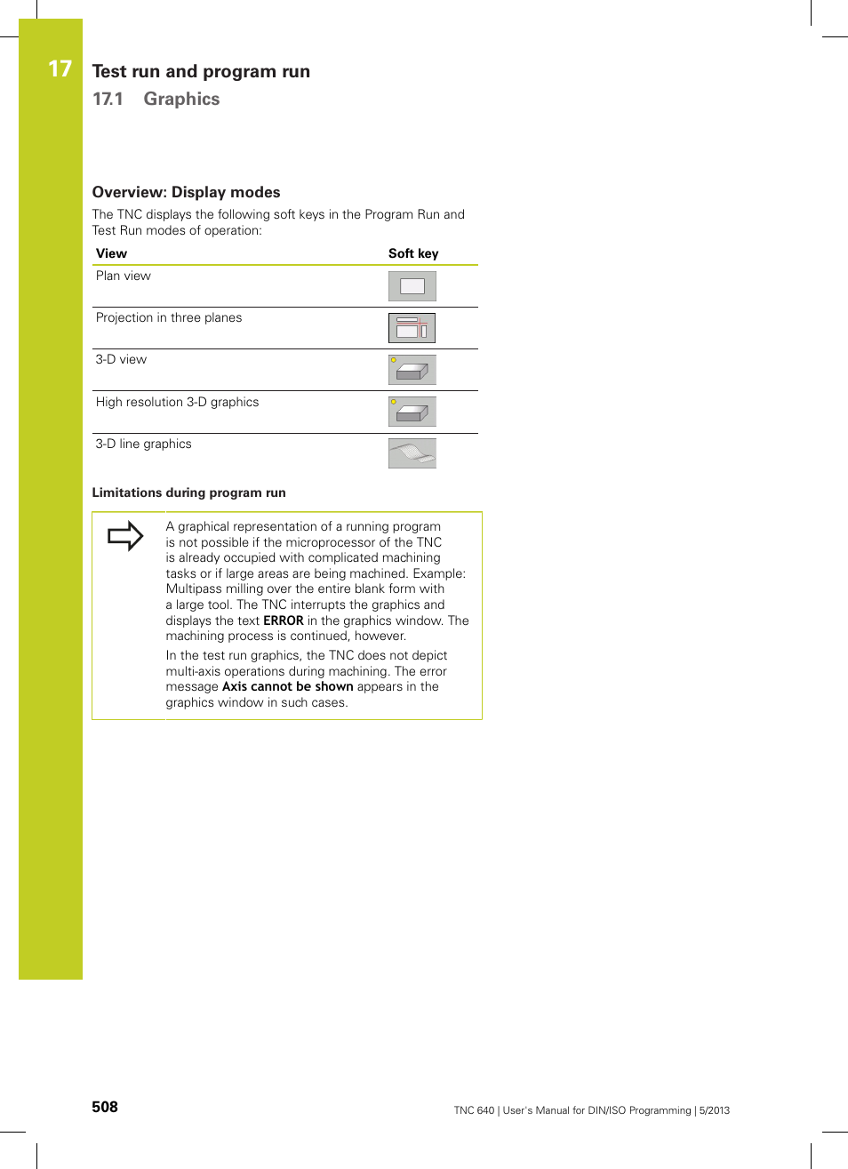 Overview: display modes, Test run and program run 17.1 graphics | HEIDENHAIN TNC 640 (34059x-02) ISO programming User Manual | Page 508 / 620