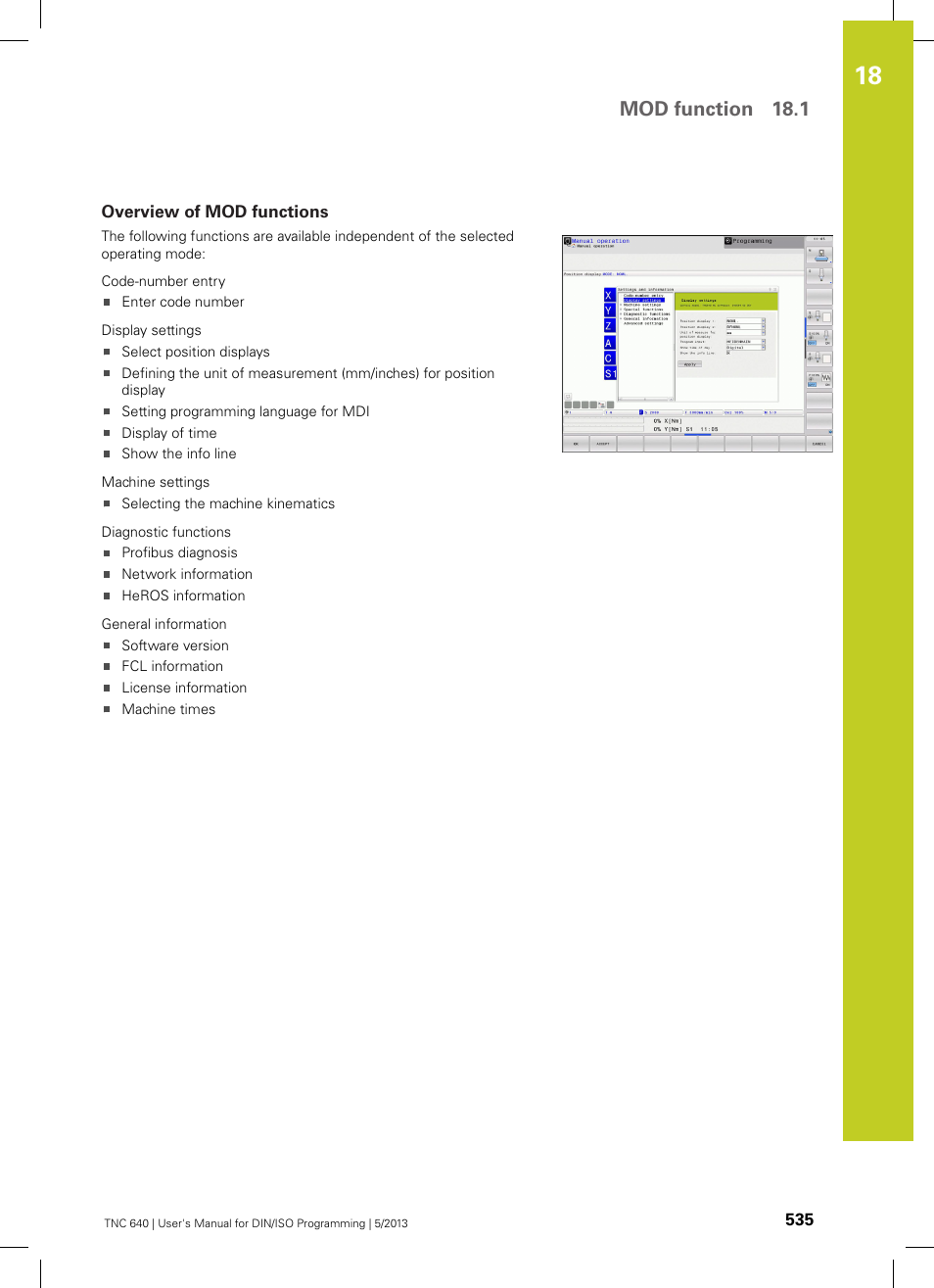 Overview of mod functions, Mod function 18.1 | HEIDENHAIN TNC 640 (34059x-02) ISO programming User Manual | Page 535 / 620