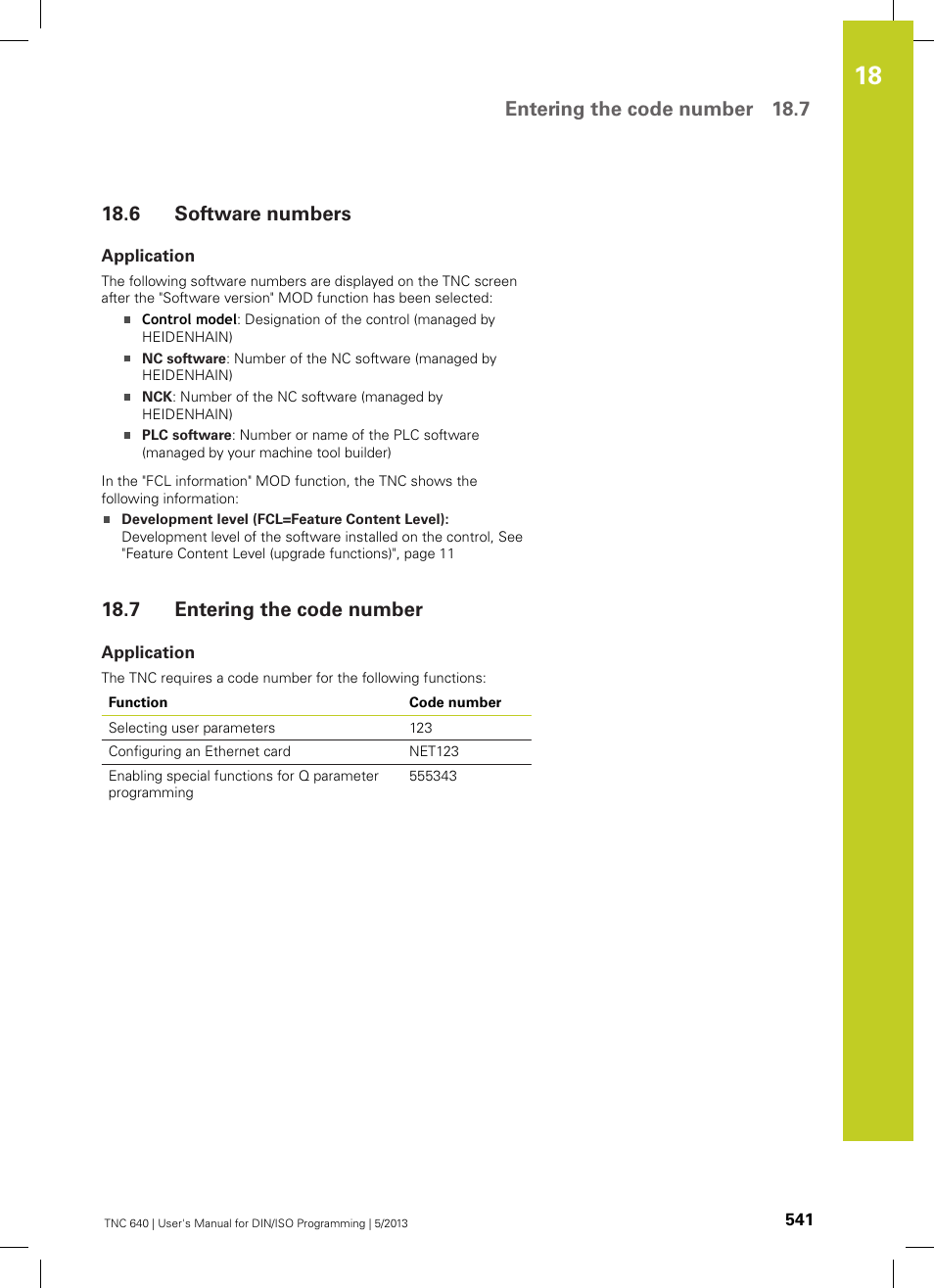6 software numbers, Application, 7 entering the code number | Software numbers, Entering the code number, Entering the code number 18.7 | HEIDENHAIN TNC 640 (34059x-02) ISO programming User Manual | Page 541 / 620
