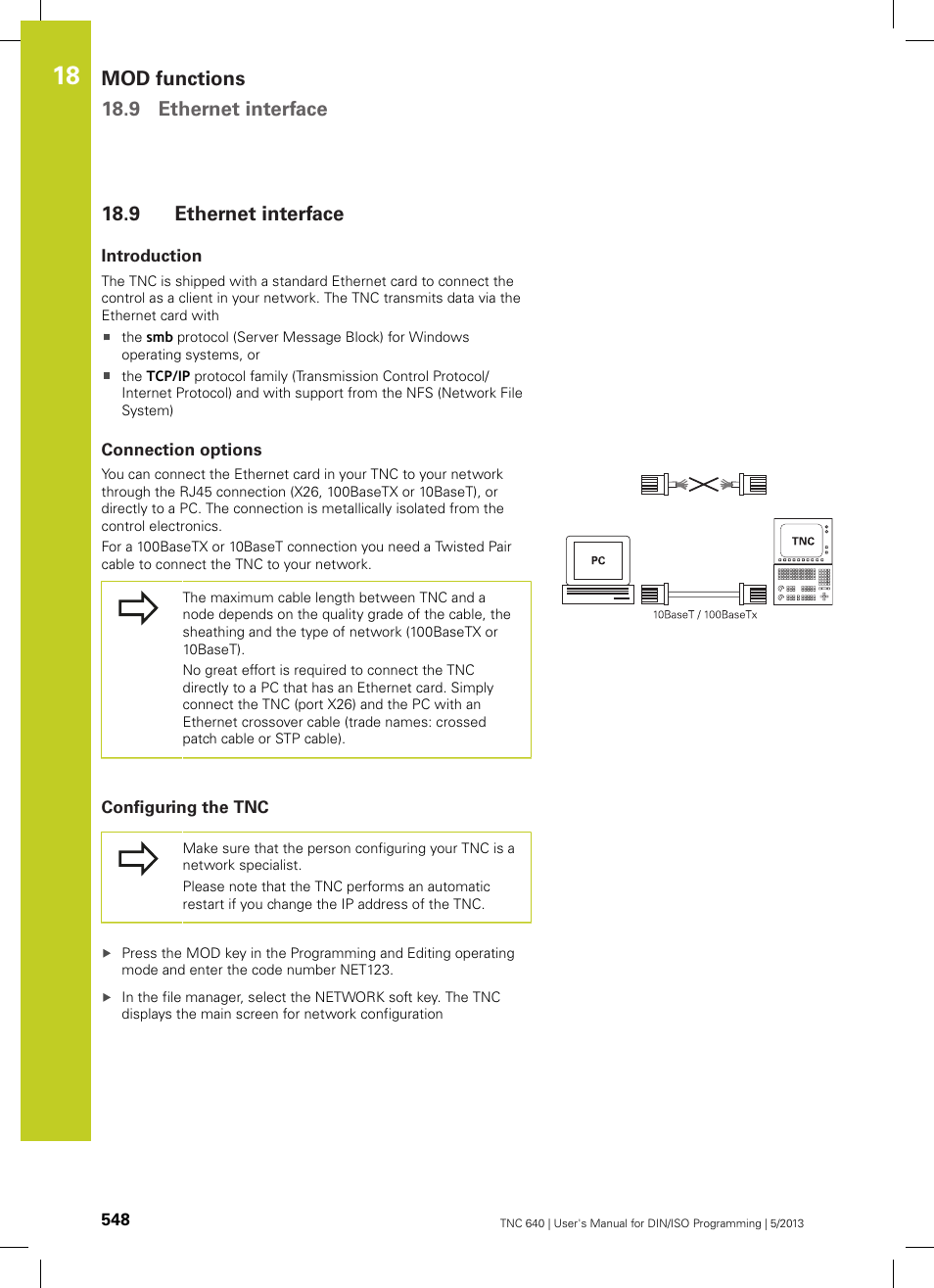 9 ethernet interface, Introduction, Connection options | Configuring the tnc, Ethernet interface, Mod functions 18.9 ethernet interface | HEIDENHAIN TNC 640 (34059x-02) ISO programming User Manual | Page 548 / 620