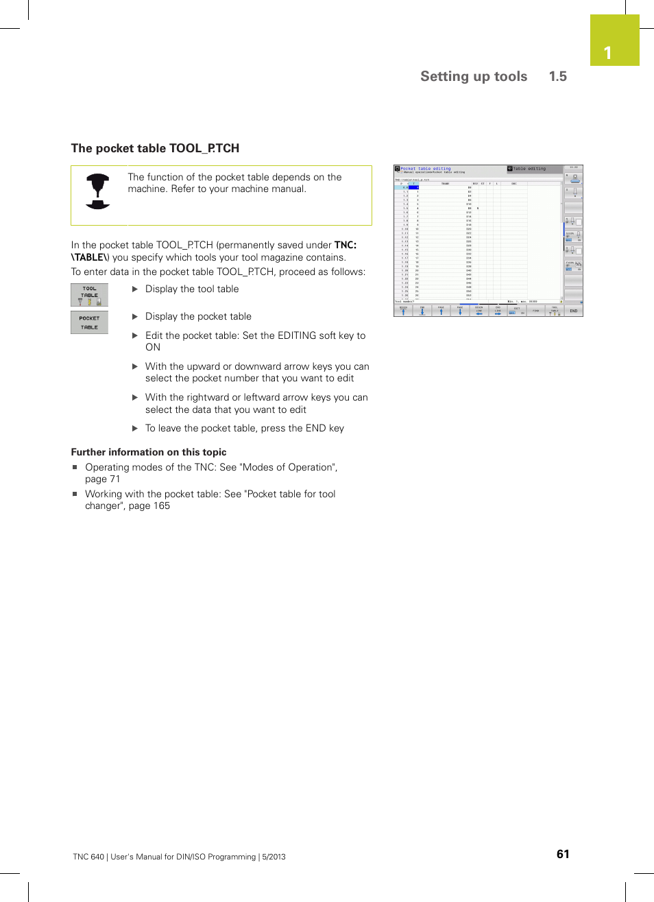 The pocket table tool_p.tch, Setting up tools 1.5 | HEIDENHAIN TNC 640 (34059x-02) ISO programming User Manual | Page 61 / 620